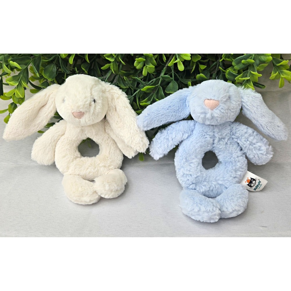 Lot of 2 Jellycat Bashful Bunny Ring Rattles Cream & Blue Plush Infant Toys Baby